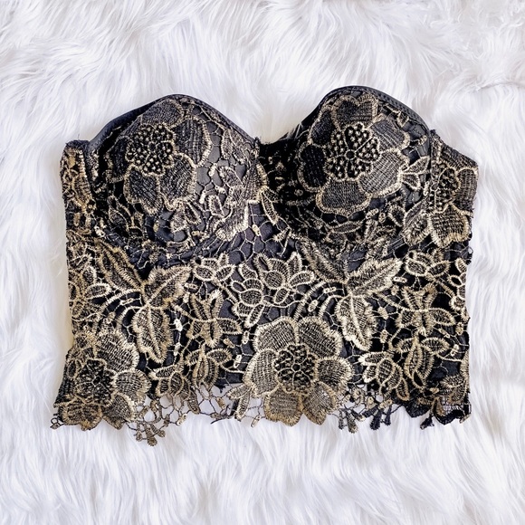 Lydia U.S.A. Tops - Black and Gold Floral Lace Bustier Crop Top